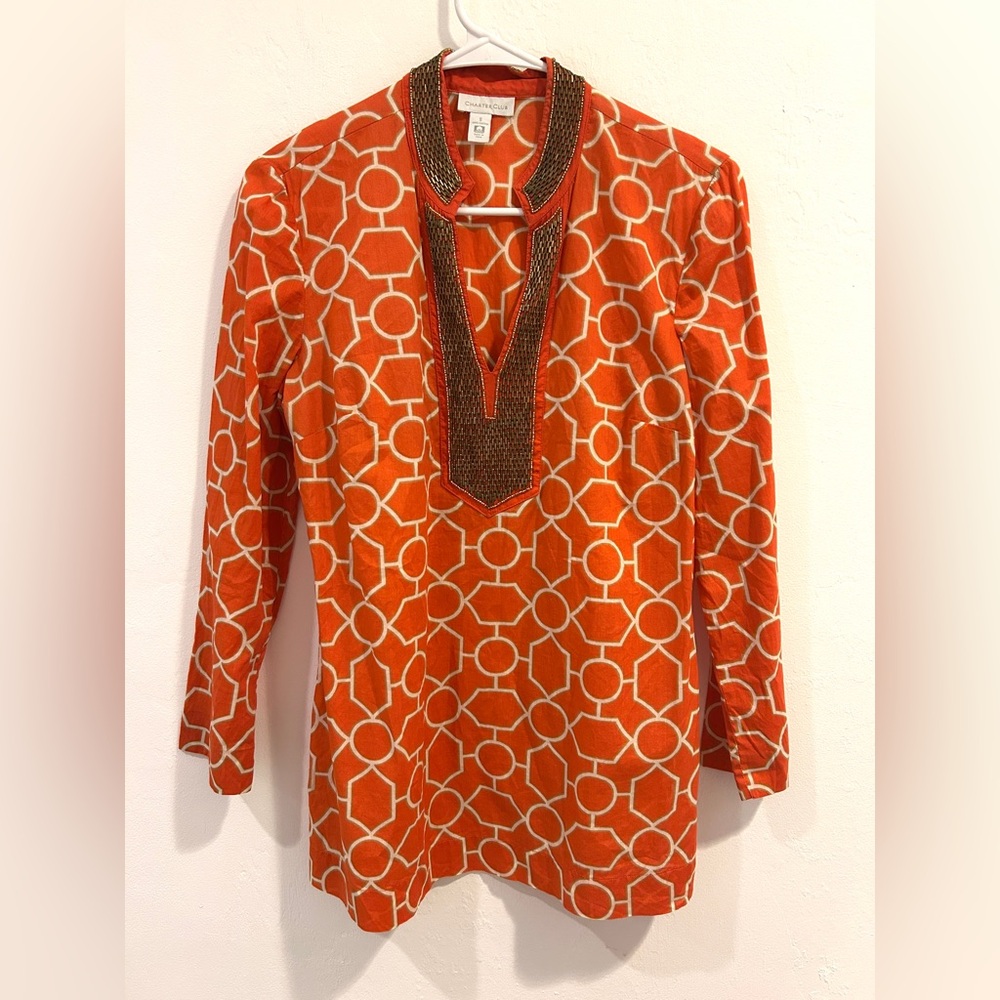 Charter Club Women’s V Neck 3/4 Sleeve Gold Metallic Accents Size Small